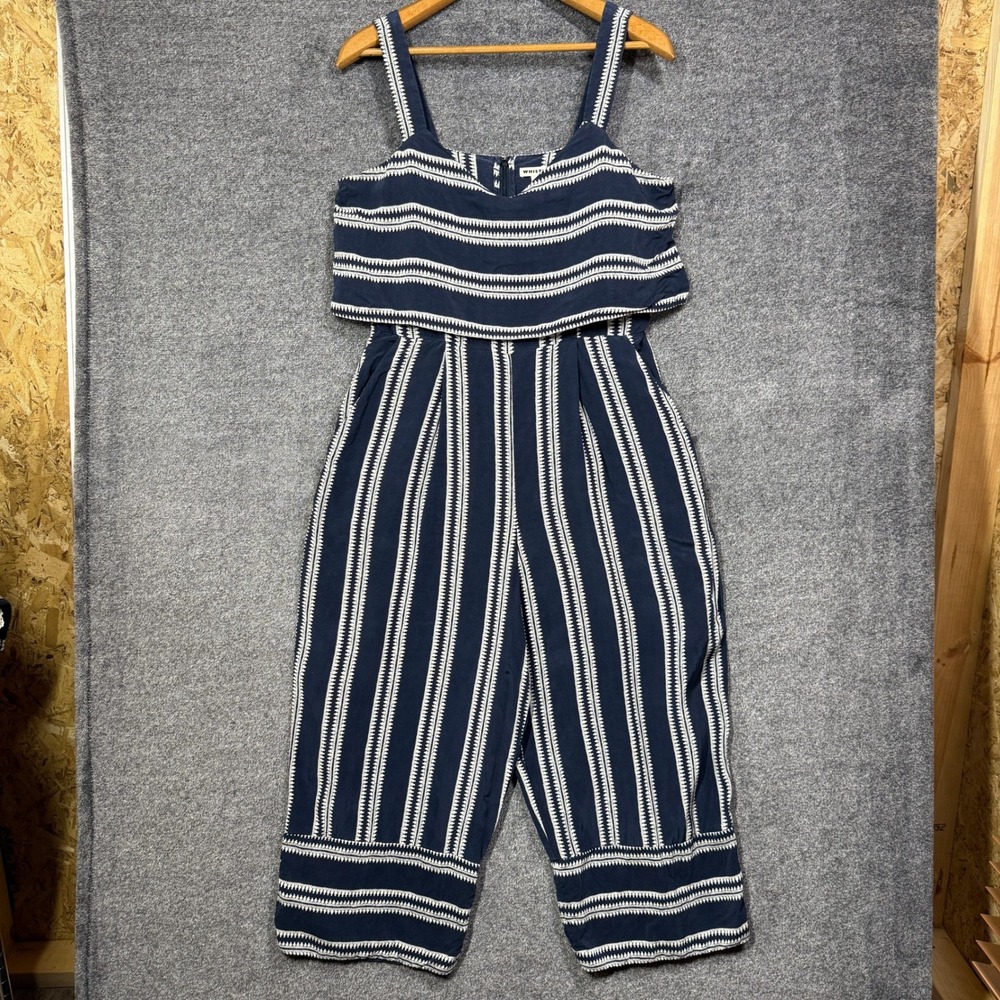 Whistles Jumpsuit Size 8 Blue White Striped Layered Crop Sleeveless Pockets